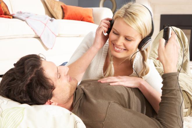 Couple listening to music together